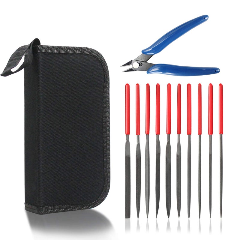KALIM Needle File Set (10Pcs High Carbon Steel Files) and 1 Wire Cutter in A Carry Bag, File Tools for Soft Metal, Wood, Jewelry, Model, DIY, Hobby, etc. - Image 1